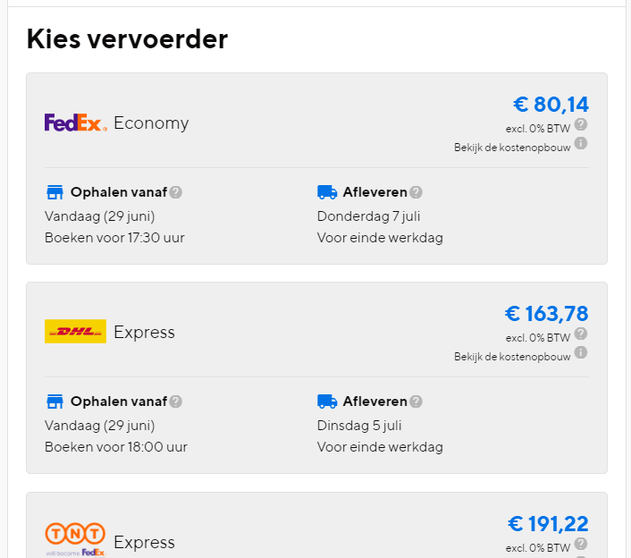 Korting op verzendtarieven van FedEx, DHL, TNT, DPD en Skynet