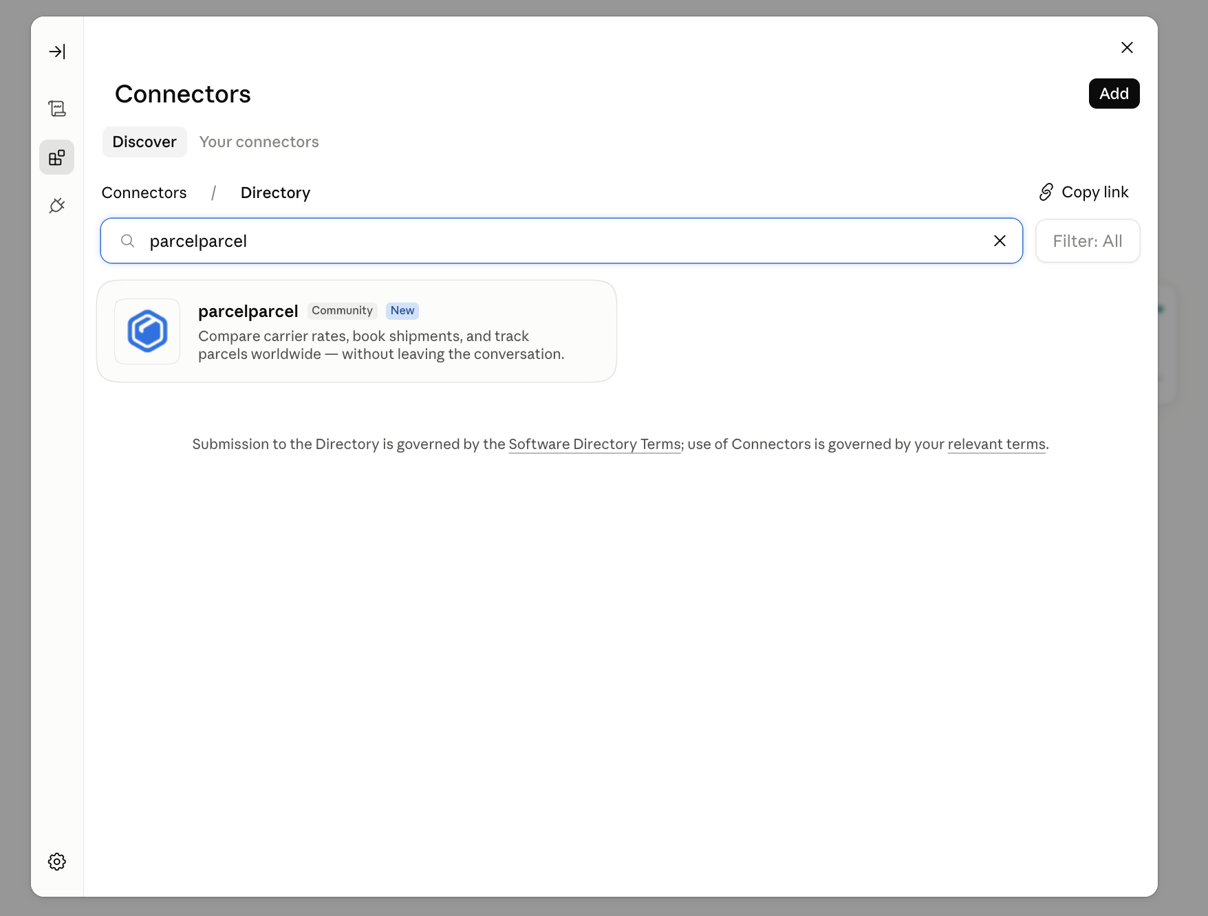The ParcelParcel connector in Claude's connector directory