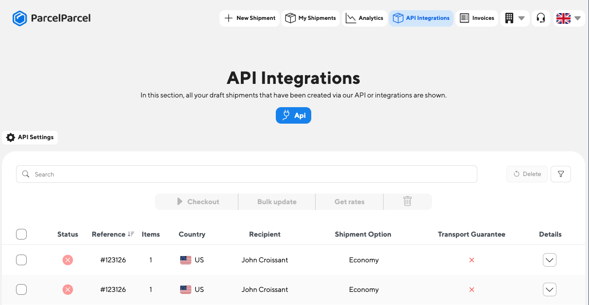 A draft shipment in the API shipments section of MyParcelParcel