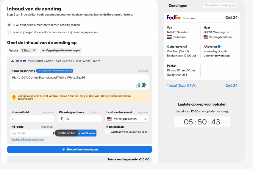 Schermweergave van het douaneformulier bij ParcelParcel, met ingevulde informatie over een T-shirtzending van Nederland naar de Verenigde Staten via FedEx.
