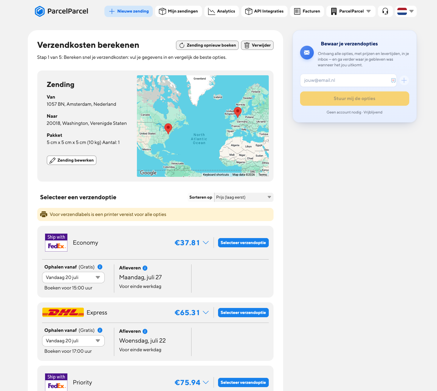 Verzendcalculator afbeelding